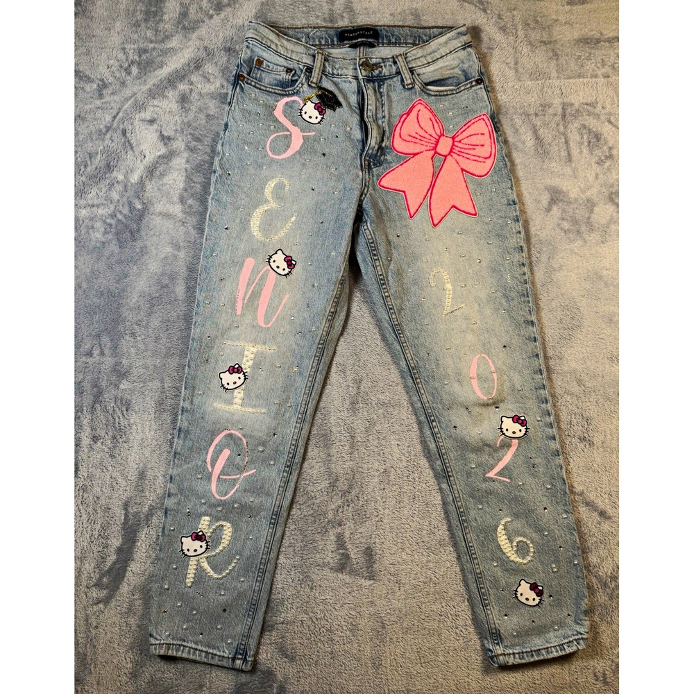 Aeropostale Hello Kitty Custom Senior 2026 Mom Jeans 2R Pearl Bow Pink Denim